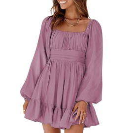 Dokotoo Women's Off The Shoulder Dress Square Neck Tie Backless Fall Dress Lantern Long Sleeve Dress Ruffle A-Line Mini Dress Shirred Elastic Waist Casual Summer Dresses XX-Large Purple