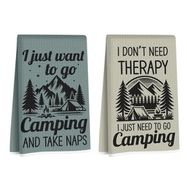 2Pcs Camping Kitchen Towels 24x14 Inch, Mountain Trees Microfiber Dish Cloth Tea Towel, Reusable Waffle Hand Towels for Bathroom Kitchen Home Farmhouse Decor, Camping Gifts for Women Mom Friend