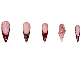 Uñas Postizas Largas Con Presión, Estilo Stiletto, Francesas, Marrones, Con Flores Rosas, Hechas A Mano, Con Estampado De Leopardo, 24 Unidades