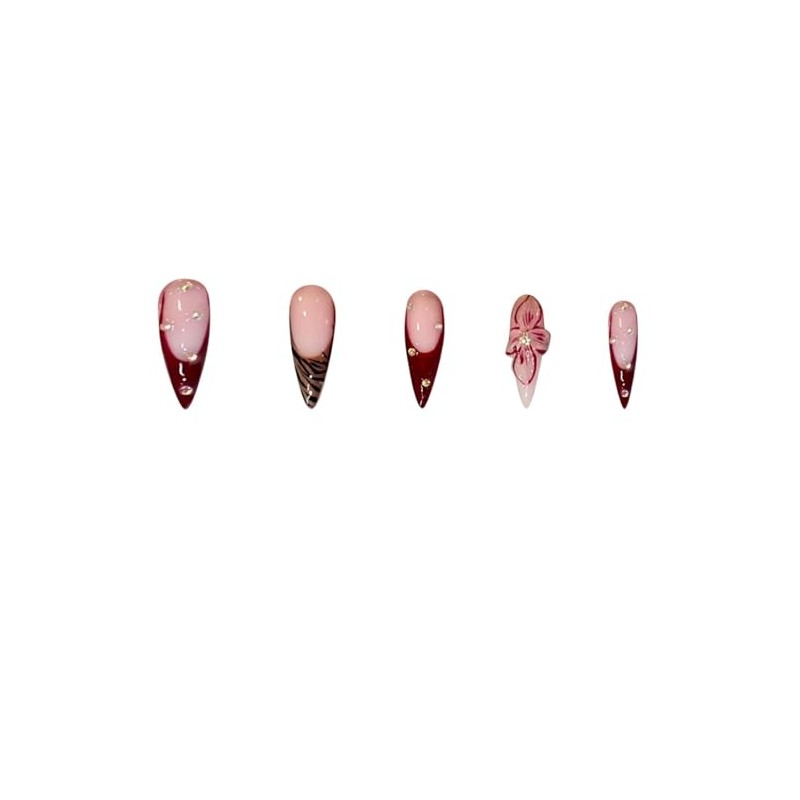 Uñas Postizas Largas Con Presión, Estilo Stiletto, Francesas, Marrones, Con