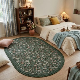 Clemile Floral Oval Rug 4x6 - Washable Ultra-Thin Living Room Rug Non-Slip Carpets - Soft & Stain Resistant Rug for Kitchen Bedroom Dining Room Indoor Nursery Dark Green
