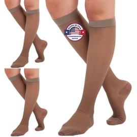 (3 Pairs - Closed Toe) Made in USA - Sheer Compression Stockings for Women 15-20mmHg - Womens Compression Socks for Circulation during Travel, Airplane, Sport, Athletic - Taupe, X-Large - A101T4-3