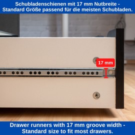 Drawer Runners 310 x 17 mm, 1 Pair, with Ball Bearing, Length 310 mm, 17 mm Groove Width, Partial Extension Slide Rail with Pull-Out Stop, Galvanised Steel Extension Rail Drawer Set