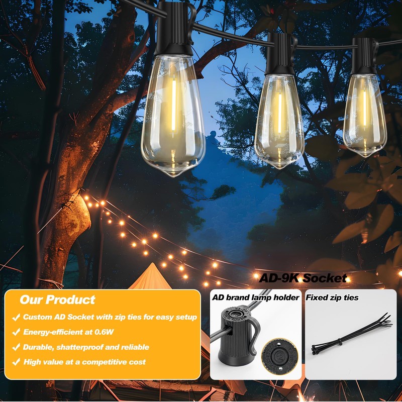 Adirxon 50 FT Outdoor String Lights with 27 Shatterproof Waterproof