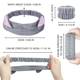 KEYRI 3 Pieces Skincare Headband and Wristbands for Facial Care Makeup and Washing Face Cat Ear Spa Headband Cute Head Band Flannel Facial Headband Soft Wristband for Girls and Women (Grey, One Size)