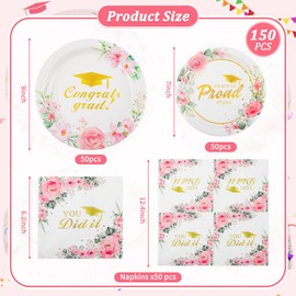 150Pcs 2025 Graduation Paper Plates and Napkins Party Supplies Floral Congrats Grad Plates Napkins Grad Party Plate Graduation Decoration Class of 2025 Plate for Graduation Prom Party Decor Serve 50