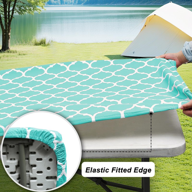 6Ft Rectangle Fitted Morocco Tablecloth Waterproof Vinyl Flannel Backed Table