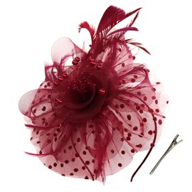 Durzasvo Women's Fascinators Tea Party Wedding Derby Mesh Flower Pearl Feather Fascinator Hat with Headband and Clip (US, Alpha, One Size, Wine Red)