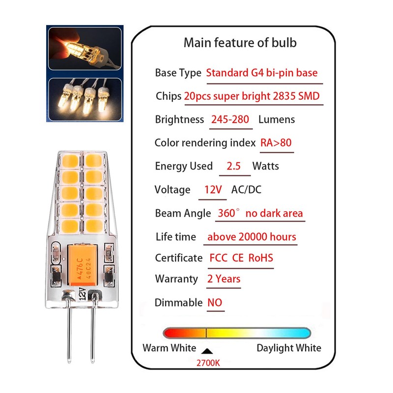 Joutameili 10 Pack G4 LED Bulb 12V AC DC 2.5W