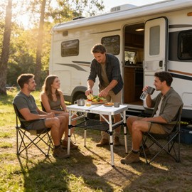 YUFIFAIRY Small Folding Camping Table, 2ft Portable Table with 3 Adjustable Heights, Aluminum Lightweight Foldable Picnic Table with Mesh Layer and Extension Legs for RV, BBQ and Indoor