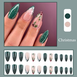 Christmas Fake Nails French Tip Press on Nails Green Glitter Holly Christmas Nail Art Designs Almond Winter Snowflake False Nail Acrylic Glossy Full Cover Glue on Nails for Women, 24pcs