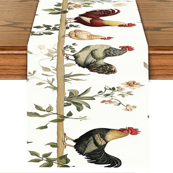 Farmhouse Chicken Table Runner with Floral Design – 13x72 Inch