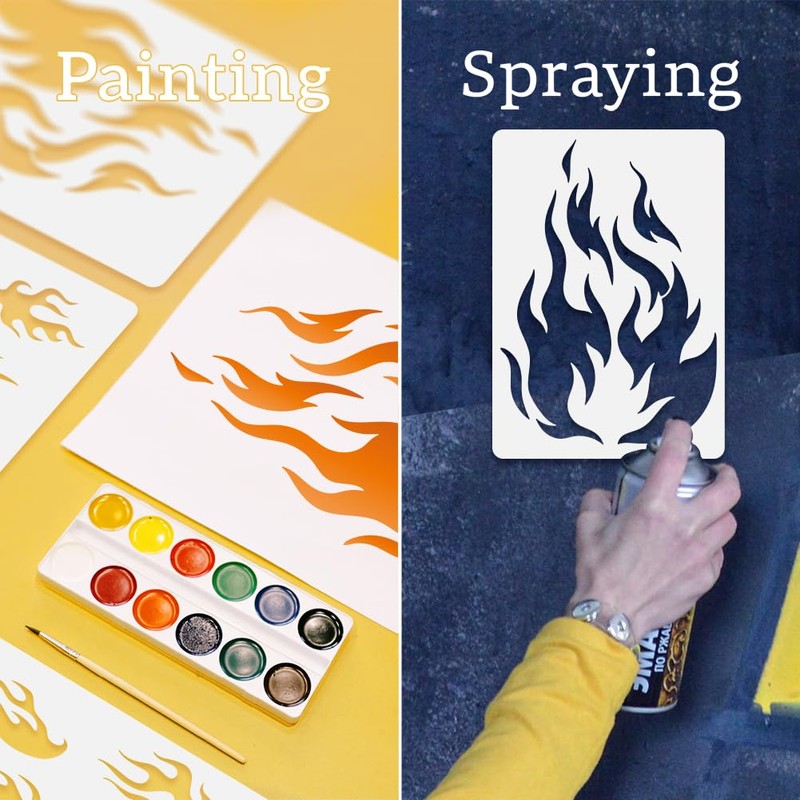 2Pcs Flame Wall Stencil Templates 29.7 x 21cm Reusable Plastic