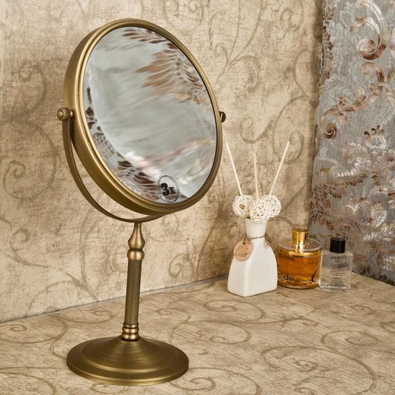 Leyden Antique Brass Makeup Mirror, 3X Magnifying Vanity Mirror Tabletop