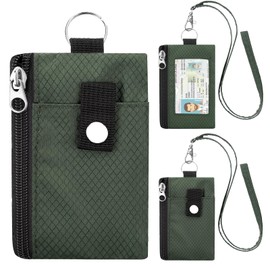 SUNDEE Minimalist Small Wallet with Lanyard, Waterproof ID Case with 2 Zipper Pockets and Key Chain for Men and Women, Tactical Badge Pouch Cards Holder, Coin Purse for Travel Sports-Green