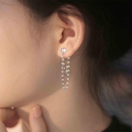 Aneneiceera Vintage Pearl Necklace Earrings Silver Pearl Hoop Earrings Tiny Chain Dangle Earrings Minimalist Pearl Earrings Jewellery For Women, Zinc