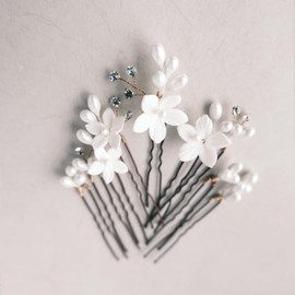 Handmade 12 Pieces Bridal Wedding Hair Pins White Flower Crystal Clips Bridal Hair Accessories for Wedding Brides Women Girls