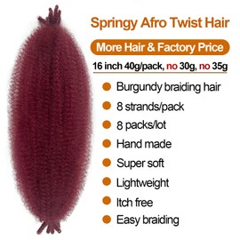 Burgundy Afro Twist Hair 16 Inch 8 Pack Kinky Twist Hair for Braiding Marley Twist Braiding Hair for Soft Locs Passion Twist Crochet Hair Synthetic Twisted Up Springy Afro Twist Hair