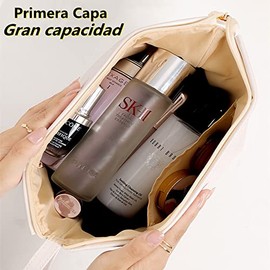 Bolsa de Cosméticos de Viaje, Doble Capa, Material PU (Blanco) | Bolsa de Maquillaje de Piel Impermeable, Cosmetiquera para Maquillaje Gran Capacidad,