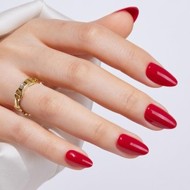 S.T. Friends Press On Nails - Soft Gel Fake Nails, Gel Finish Short Pointed Almond Shape, Red Reusable Semi-Transparent Nails in 16 Sizes - 32 Nail Kit with Glue