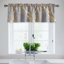 FMFUNCTEX 100% Blackout Valances for Kitchen, Gold on Grey Foil Tree Branch Curtain for Living Room, 18 Inches Long Metallic Tree Branch Patterned Window Valance for Bedroom 1 Panel Rod Pocket