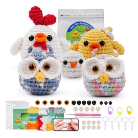 Beginner Crochet Kit, Crochet Kits for Adults, Crochet Starter Kit with Step-by-Step Video Tutorials, Yarn, Eyes, Stuffing, Crochet Hook, Crochet Animals Kits DIY Craft Knitting Kit (Chickcrew+Hootwin)