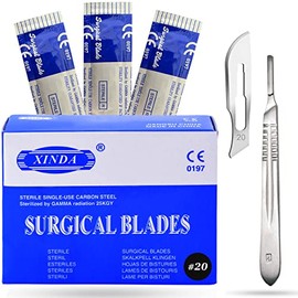 VISION TEK MED Pack of 100 Blades #20, Scalpel Blades for Knife Scalpel, High Carbon Steel Dermablade Blades. Individually Wrapped, Sterile + Free 1 Handle #4
