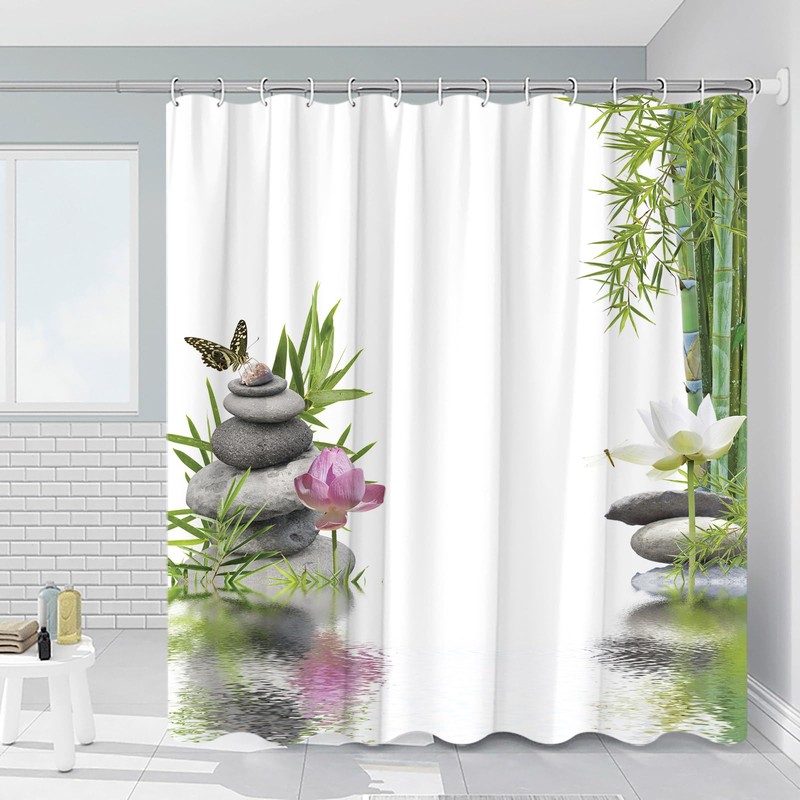 Zen Shower Curtain Green Bamboo Spa Garden Stone Meditation Japanese