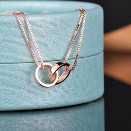 Yumilok Rose Gold 2 Intertwined Rings 925 Sterling Silver Cubic Zirconia Charm Bracelet Double Chains for Women Girls 6.5-7.5 Inch Adjustable, Sterling Silver Sterling Silver Zirconia, Cubic Zirconia