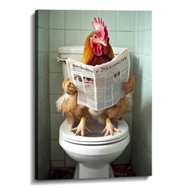 Bathroom Canvas Wall Art Rooster Decor Farmhouse Animal Prints Funny Rooster Sit on Toilet Read a Newspaper Picture Artwork for Home Wall Decor Framed(Art-3,12.00x18.00 inch)