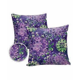 DecorLovee Purple Green Flowers Waterproof Outdoor Pillow Covers, Decorative Pillow Cases, Watercolor Vintage Botanical Square Garden Throw Cushion Cases for Patio/Sofa/Couch 18"x18" 2 Pack