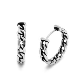 Punk Cuban Chain Huggie Hinged Hoop Earrings Stainless Steel Wreath Earrings for Men Women, Silver 14mm, Stainless Steel, No Gemstone