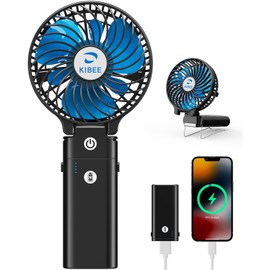 KIBEE Portable Handheld Fan - 5200mAh USB Rechargeable [20H Max Runtime], Foldable 180° Mini Personal Fan, 3-Speed with Stand for Travel/Outdoor/Makeup/Concerts (Black)