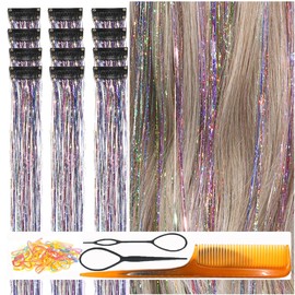 CelineBella Mixed Colors Rainbow Hair Tinsel Clip in Shiny Hair Extensions for Girls Christmas New Year(24 Inch Pack of 12Pcs, Mixed Colors Rainbow)