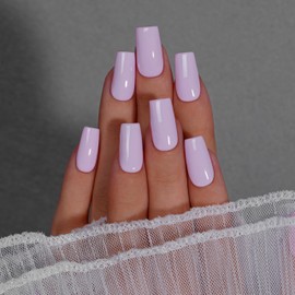 KQueenest Light Purple Press On Nails Long Square - Summer Press On Nails Medium Coffin, Sheer Lavendar Fake Nails with Glue, Glossy Opaque, Reusable Soft Gel Glue on Nails for Women, 24 Pcs