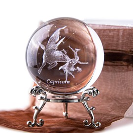 HDCRYSTALGIFTS 3D Laser Constellation Ball Crystal Paperweight Full Sphere Glass Fengshui with Sliver-Plated Flowering Stand(Capricorn)