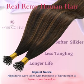 Moresoo Nano Hair Extensions Real Human Hair Brown Dark Brown with Chestnut Brown Nano Bead Hair Extensions Real Human Hair Extensions Nano Real Human Hair Extensions 14Inch 50G/50S