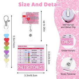 Phlebotomy Badge Reel, Order of Draw Phlebotomy Essentials, Pink Glitter Order of Draw Badge Card Blood Draw Kit, Retractable Phlebotomist Nurse Badge Buddy for Phlebotomist Accessories Gifts