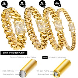 WinTrend Cuban Link Chain Necklace or Bracelet with Bling Bling Cubic Zirconia Iced-Out Clasp for Men 8mm/10mm/12mm/14mm/18mm 18K Gold Stainless Steel Hip Hop Miami Curb Chains 8-30 inch, 8 inches