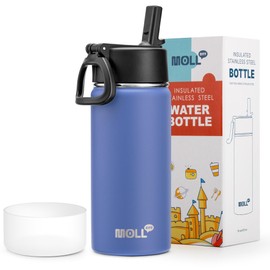 Mollcity - Botella de agua aislada para niños con pajita, botella de agua de doble pared de acero inoxidable de 16 onzas, botella de agua de boca ancha para la escuela, botella de agua de viaje de