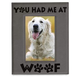 KATE POSH - You had me at WOOF Engraved Grey Leather Picture Frame - Dog Lover Gifts, Birthday Gifts, Pet Memorial Gifts, New Puppy Gifts, Paws and Bones Decor (5x7-Vertical)