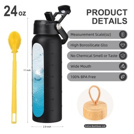 Olivego 24 oz Glass Water Bottle with 2 Lids-Handle Straw Lid & Bamboo Lid,1 Liter Motivataional Tumbler Water Bottle Time Marker, Borosilicate Glass Water Bottles With Silicone Sleeve, Leakproof