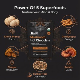 Inner Elevate Mushroom Hot Chocolate Superfood - Ceremonial Cacao with 5 Mushrooms (Lion's Mane, Cordyceps, Chaga, Reishi, Turkey Tail) - Great as a Coffee Alternative, Hot Chocolate, or Smoothie (30 Servings)