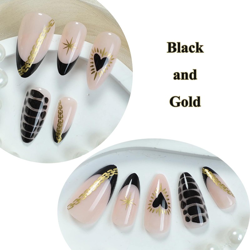 MERVF Almond Press on Nails Medium Fake Black French Tip