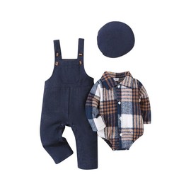 Renotemy Baby Boy Clothes Fall Winter Spring Gentleman Outfits Blue Plaid Flannel Bodysuit+Corduroy Overalls+Beret Hat Vintage Formal Church Wedding Golf Photoshoot Outfit for 12-18 Months Boys