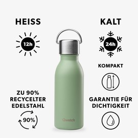 Qwetch - Water Bottle 350 ml Stainless Steel Lime Green Active - Small Thermos Flask Made from 90% Recycled Stainless Steel - 24 Hours Cold & 12 Hours Hot - Insulated Flask, Leak-Proof, BPA-Free and