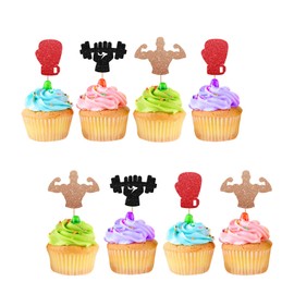 24pcs Weight Lifting Cupcake Toppers, Gym Workout Cupcake Toppers, Black Glitter Sports Fitness Cupcake Picks for Men Boy, Gym Themed Birthday Party Supplies