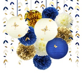 Navy Blue and Gold Party Decoration Kit Lanterns Flowers Pom Pom with Champagne Gold 3D Butterfly Stickers and Leaf Garland Streamers for Birthday Engagement Wedding Bridal Shower Bachelorette Party