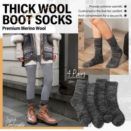 Anlisim Extra Thick Merino Wool Thermal Boot Hiking Socks Warm Winter Cozy Crew Comfy Full Cushioning Work Women Men Socks 4 Pairs(Black Style,L)