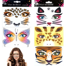 EUPSIIU 5 Sheets Animal Face Tattoos Kids Adults, Waterproof Animal Temporary Tattoos Stickers Children, Cat Tiger Leopard Giraffe Butterfly Tattoos for Birthday Parties Gift Carnival Cosplay (5PCS)
